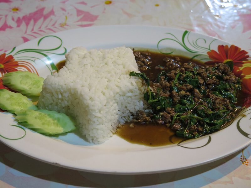 green basil cooked with pork and served with a star of rice copyright DPerkins