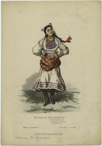 hand drawn picture of Croatian peasant lady from 1874 in traditional dress on savor the southwest to go with the memory being related