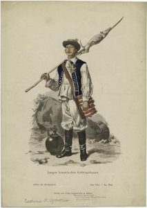 hand drawn picture of Croatian peasant man from 1874 in traditional dress on savor the southwest to go with the memory being related