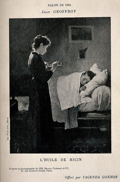 french illustration of curing a childs cold with a dose of castor oil