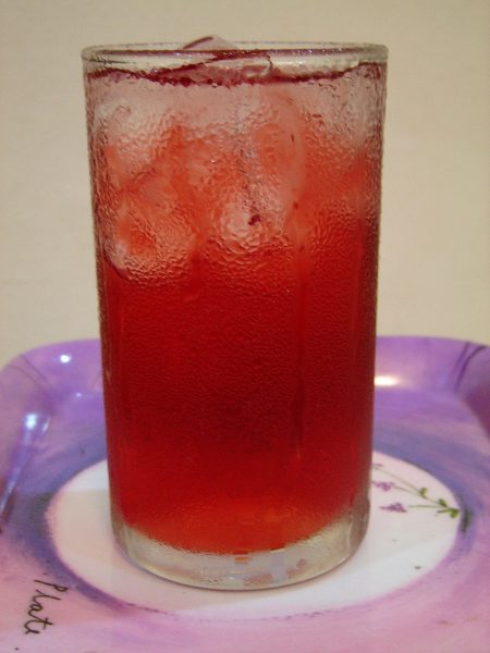 glass of red chilled hibiscus flower tea