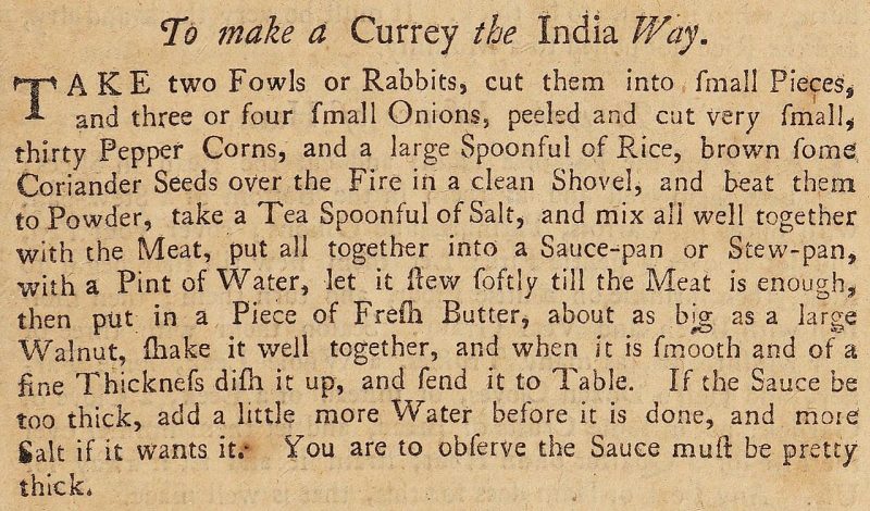 a recipe for curry first published in england in 1748