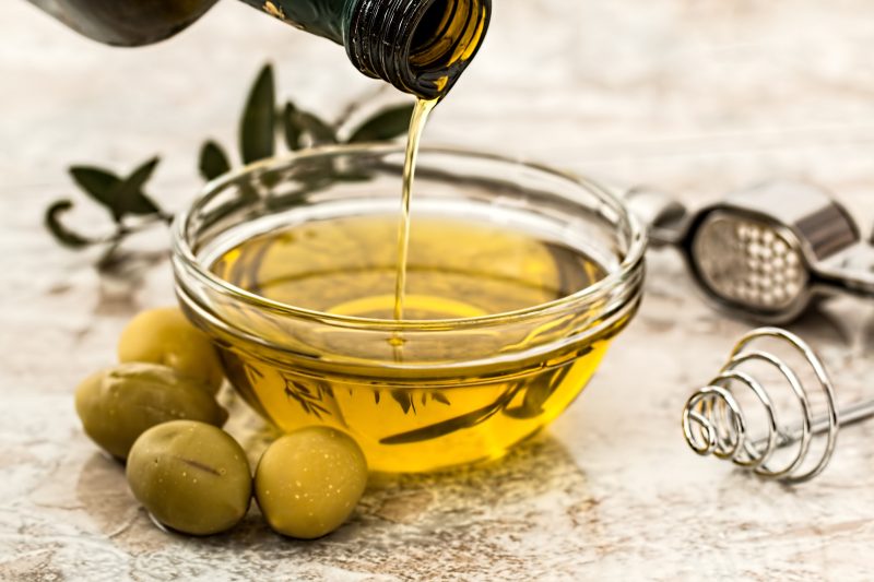 olive oil in a clear glass dish