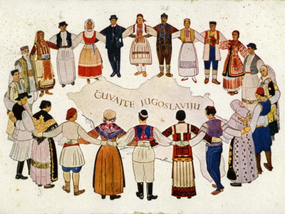 early 1900's hand drawn image of various yugoslavians in traditional dress dancing the kolo